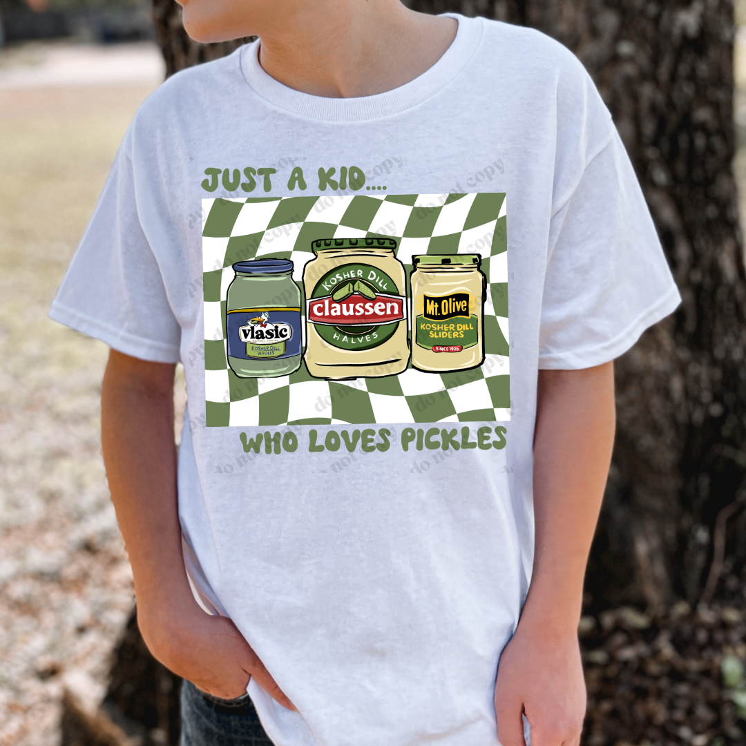 Just A Kid Who Loves Pickles Check Youth Crew Tee